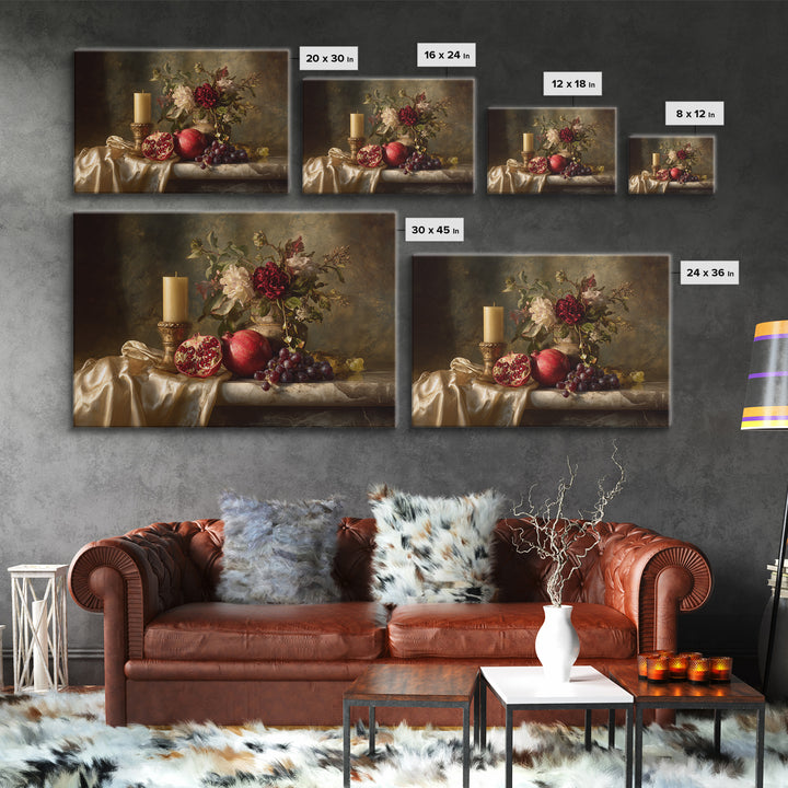 Pomegranate and Grapes on a Marble Ledge Framed Canvas Print, Baroque Art, Contemporary Art, Living Room Decor, Ornate, BAO-3x2-36