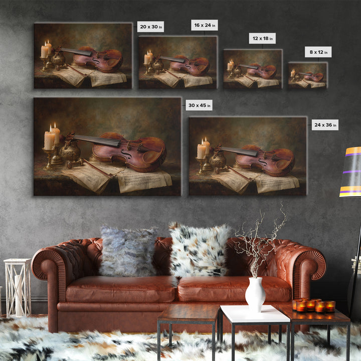 Baroque Violin and Sheet Music Still Life Framed Canvas Print, Baroque Art, Whimsical Decor, Living Room Decor, Ornate, BAO-3x2-39