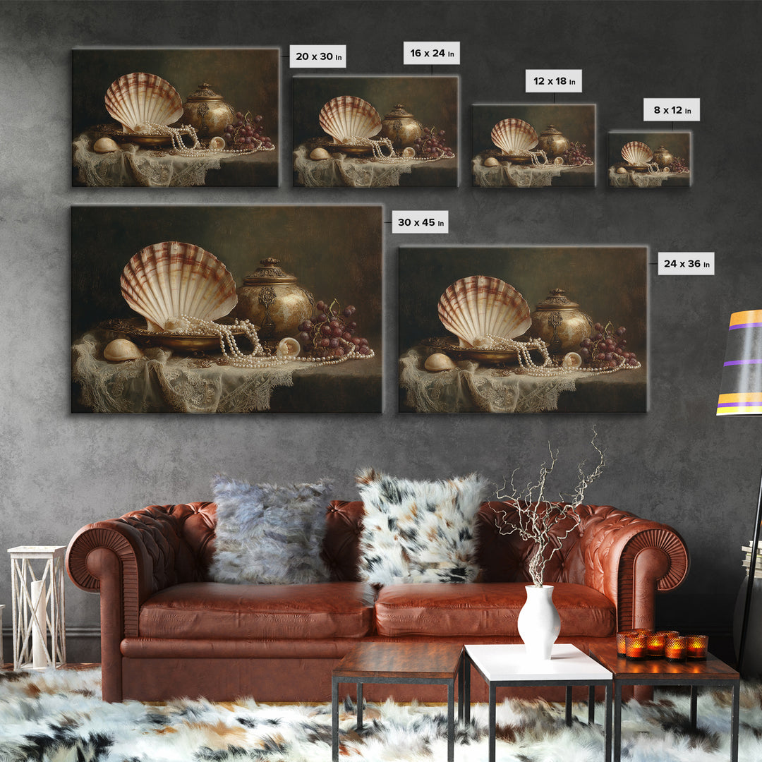 Ornamental Shell and Pearl Composition Framed Canvas Print, Baroque Art, Decor, Living Room Decor, Oil Painting, Ornate, BAO-3x2-50