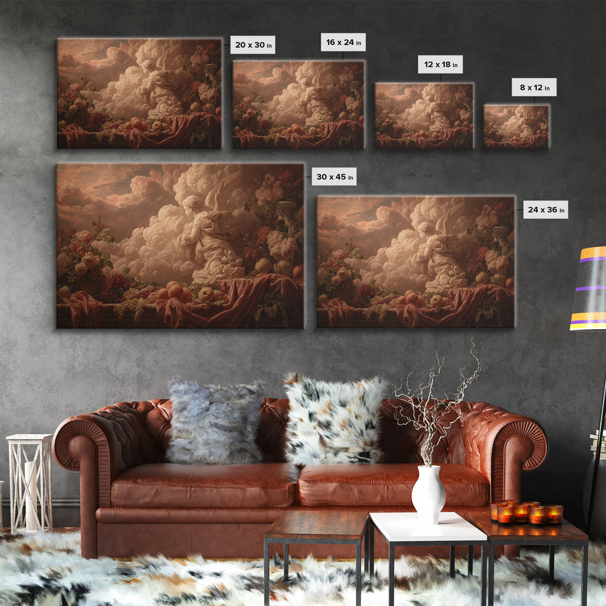 Ornate Cherub Figure Surrounded by Clouds and Canvas Print, Baroque Art, Printable Wall Art, Living Room Decor, Ornate, BAO-3x2-54