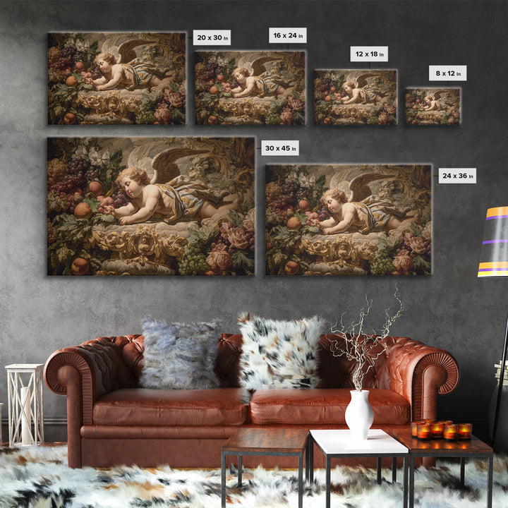 Ornate Cherub Figure Surrounded by Clouds and Framed Canvas Print, Baroque Art, Contemporary Art, Living Room Decor, Ornate, BAO-3x2-6