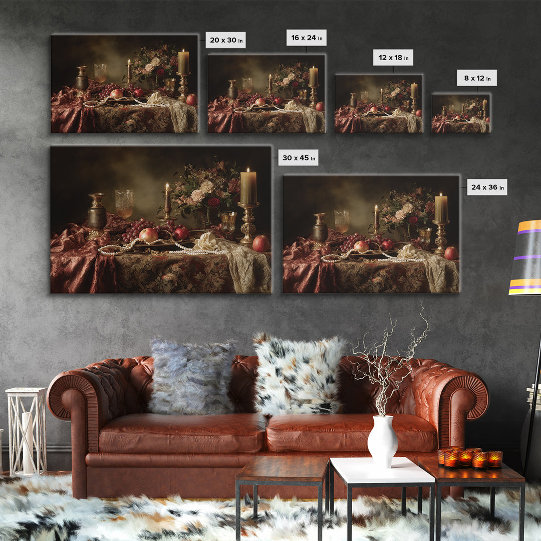 Velvet Drapery with Pearls Flowers and Candlelight Canvas Print, Baroque Art, Maximalist Wall Art, Living Room Decor, Ornate, BAO-3x2-7