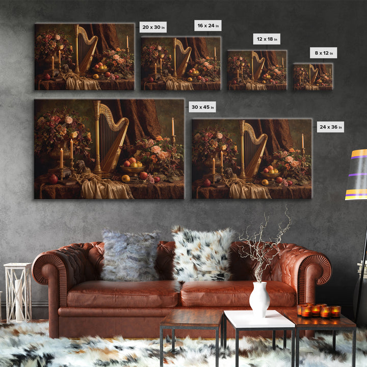 Golden Harp and Roses Framed Canvas Print, Baroque Art, Painting, Living Room Decor, Fine Art, Ornate, Living Room Wall Art, BAO-3x2-70
