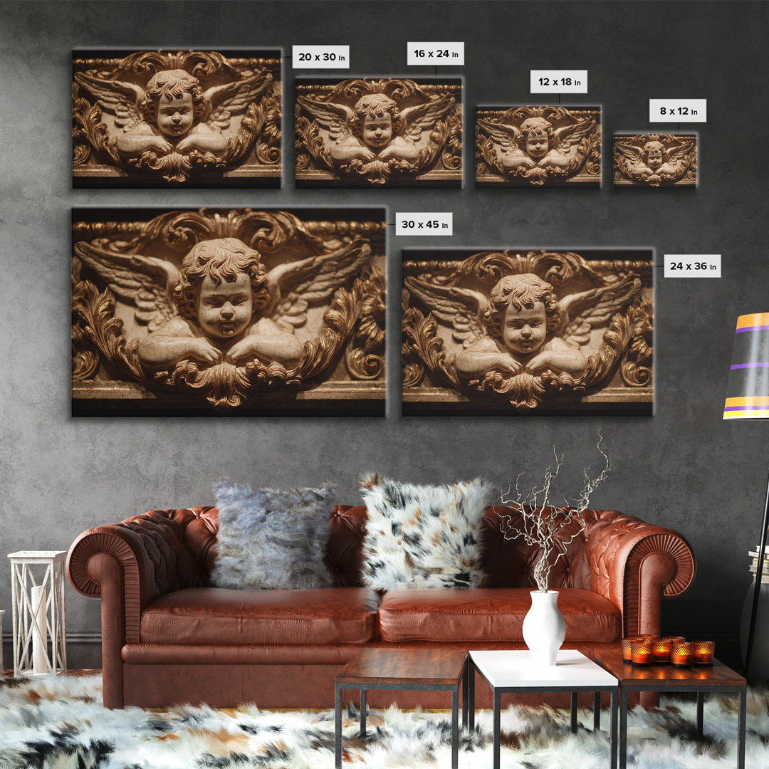 Ornate Cherub Figure Surrounded by Clouds and Framed Canvas Print, Baroque Art, Whimsical Decor, Living Room Decor, Ornate, BAO-3x2-78