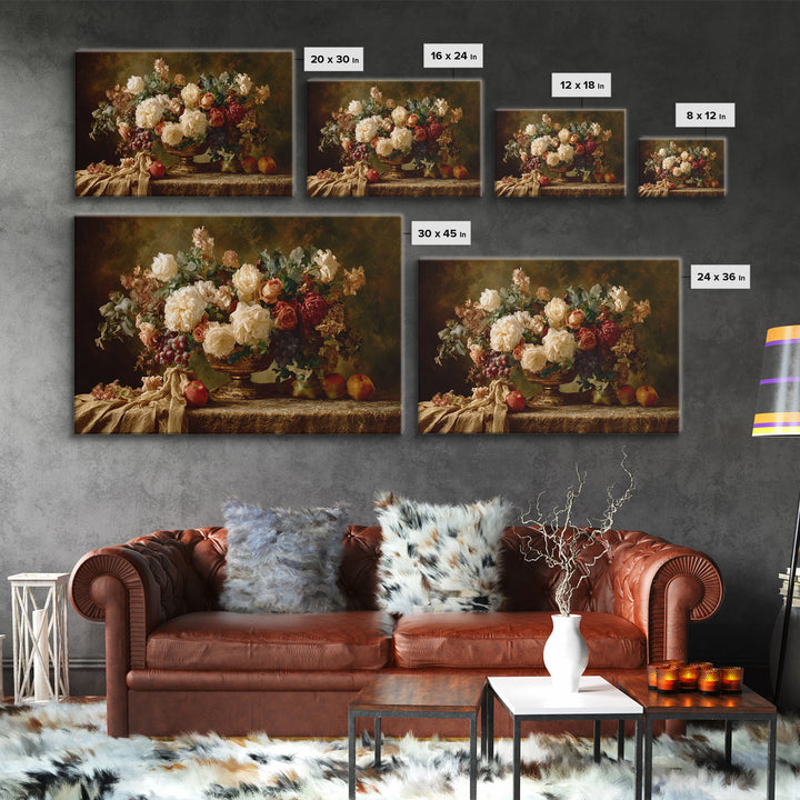 Dark Floral Arrangement Framed Canvas Print, Baroque Art, Living Room Wall Art, Living Room Decor, Ornate, Art Nouveau Decor, BAO-3x2-80