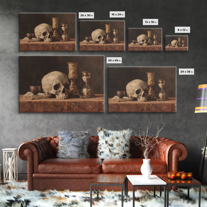Skull and Hourglass Vanitas Still Life Framed Canvas Print, Baroque Art, Whimsical Decor, Living Room Decor, Fine Art, Ornate, BAO-3x2-81