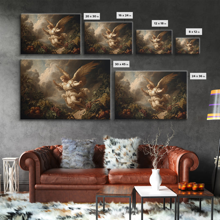 Gilded Angel Wings Emerging from Storm Clouds Framed Canvas Print, Baroque Art, 3d Wall Art, Living Room Decor, Oil Painting, BAO-3x2-82