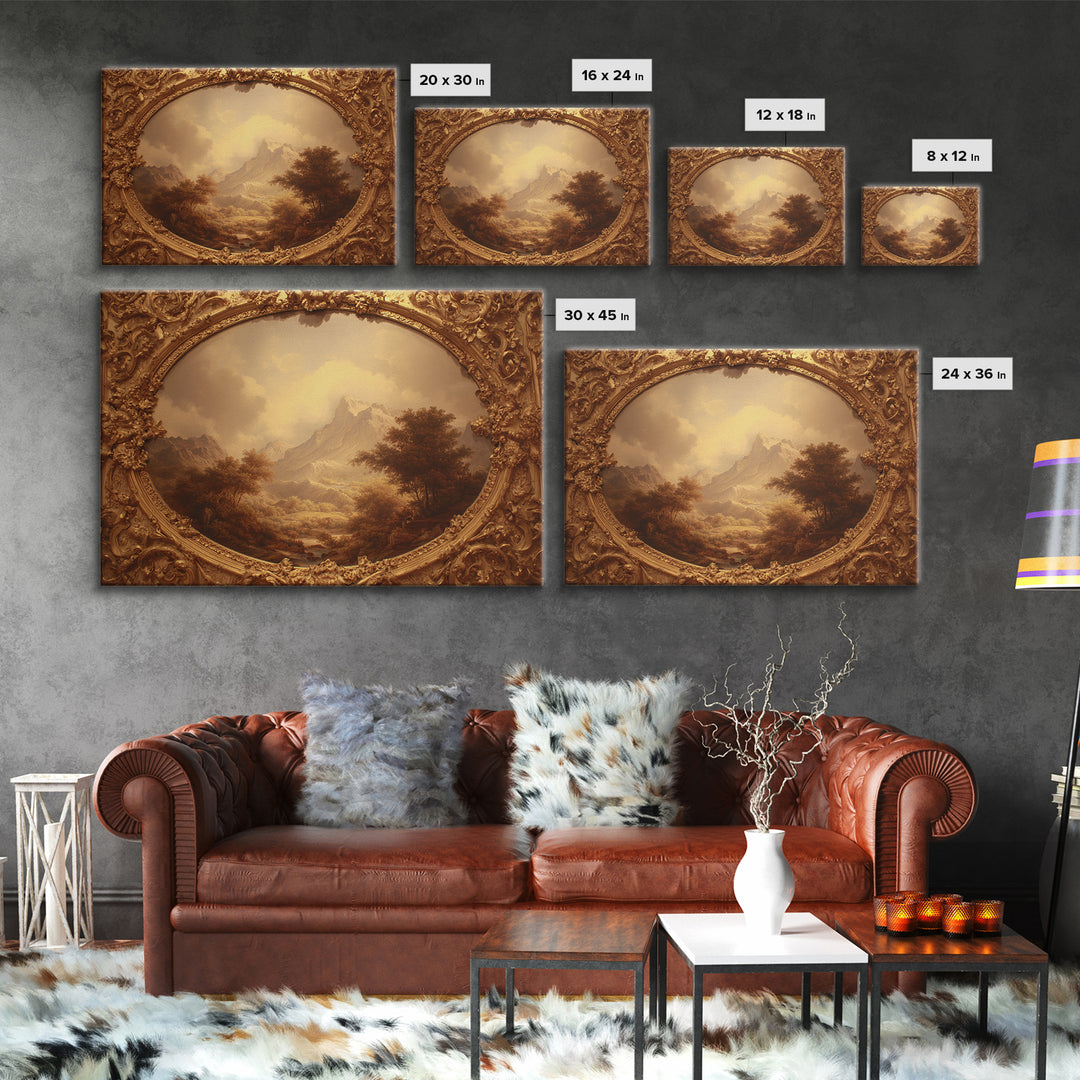 Ornate Gold Frame Illusion Around a Botanical Framed Canvas Print, Baroque Art, 3d Wall Art, Living Room Decor, Ornate, BAO-3x2-85