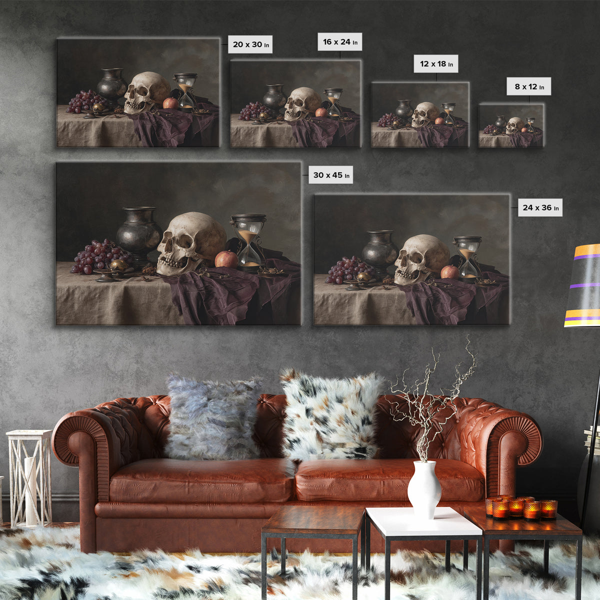 Skull and Hourglass Vanitas Still Life Framed Canvas Print, Baroque Art, Contemporary Art, Living Room Decor, Fine Art, Ornate, BAO-3x2-9