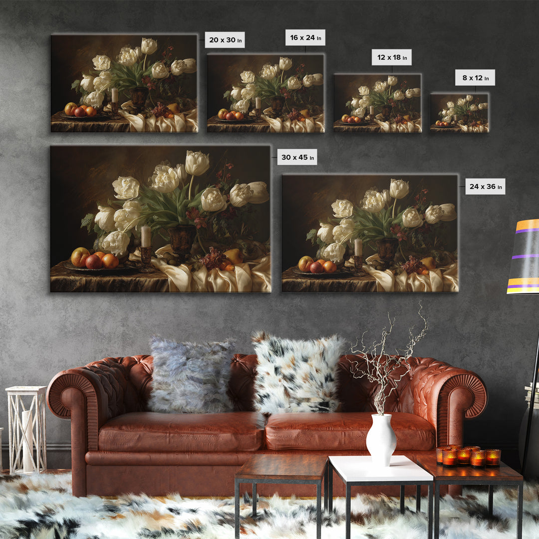 Black Background Tulips Framed Canvas Print, Baroque Art, Room Decor Aesthetic, Living Room Decor, Fine Art, Ornate, Home Decor, BAO-3x2-92