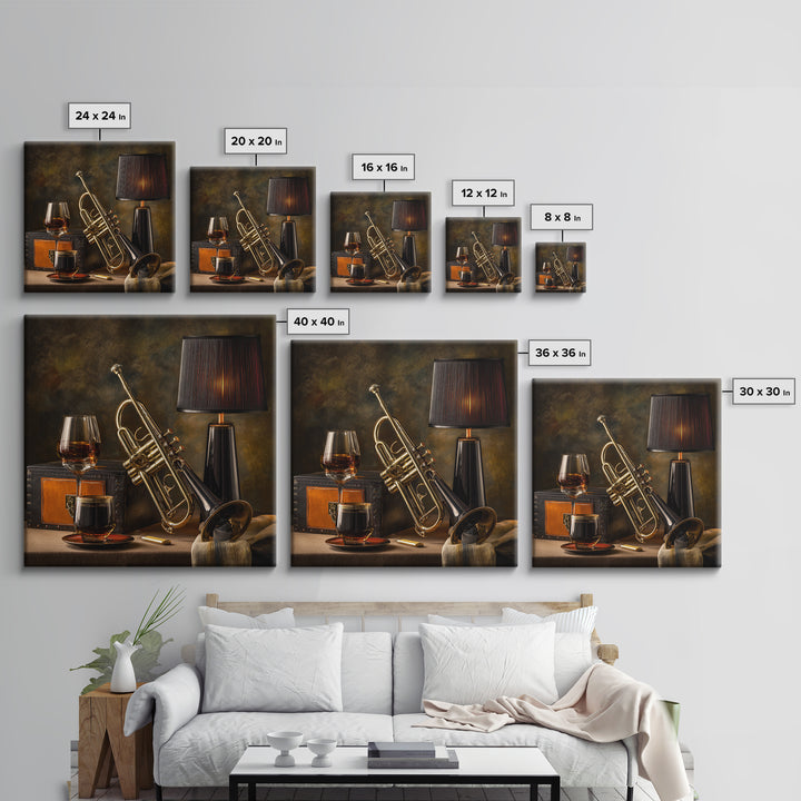 Moody Jazz Trumpet Beside a Half Full Canvas Print, Bar Art, Bar Signs, Bar Decor, Fine Art, Modern Decor, Fine Art Print, BAR-1x1-18