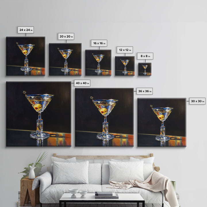 Martini Glass with Olive on a Black Framed Canvas Print, Bar Art, Kitchen Wall Decor, Bar Decor, Fine Art, Bar Cart Art, BAR-1x1-27