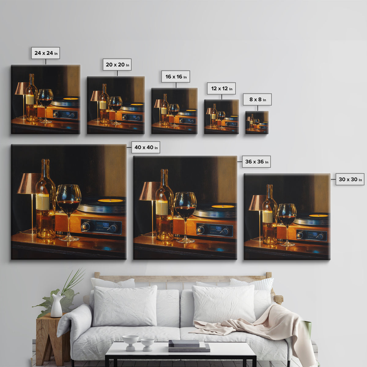 Wine and Record Player Lounge Still Life Framed Canvas Print, Bar Art, Boho Decor, Bar Decor, Oil Painting, Art Print, BAR-1x1-37