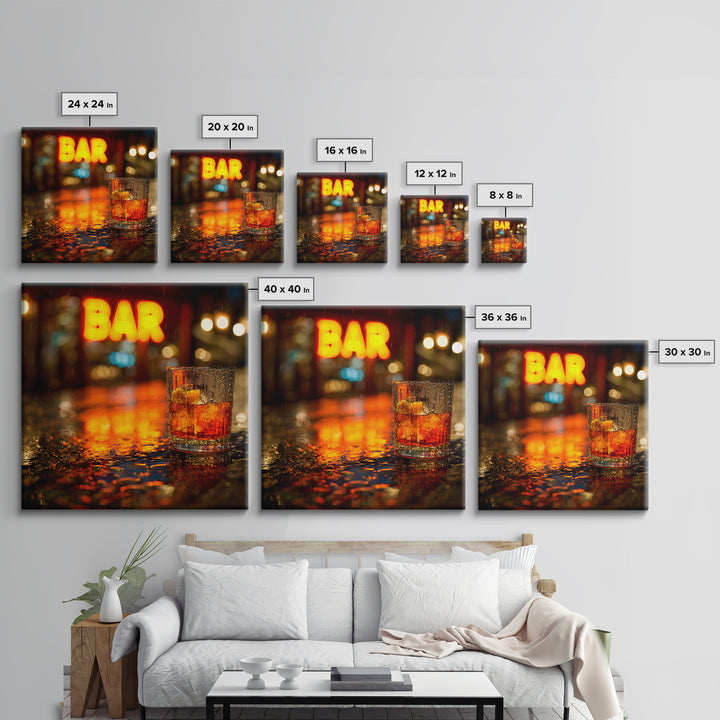 Neon Cocktail Sign Reflected Framed Canvas Print, Bar Art, Textured Painting, Bar Decor, Fine Art, Bar Cart, BAR-1x1-53