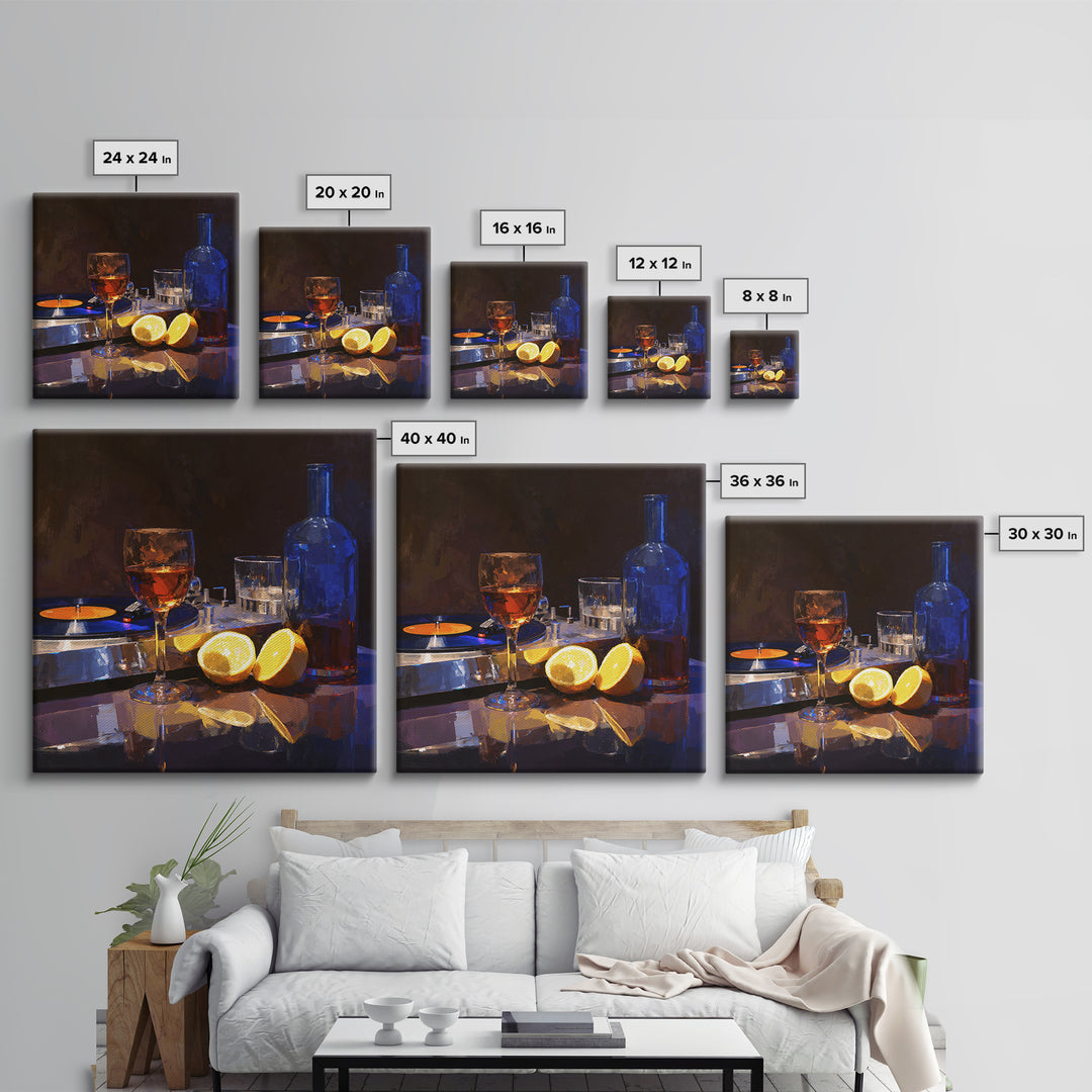 Wine and Record Player Lounge Still Life Framed Canvas Print, Bar Art, Boho Decor, Bar Decor, Oil Painting, Art Print, BAR-1x1-61