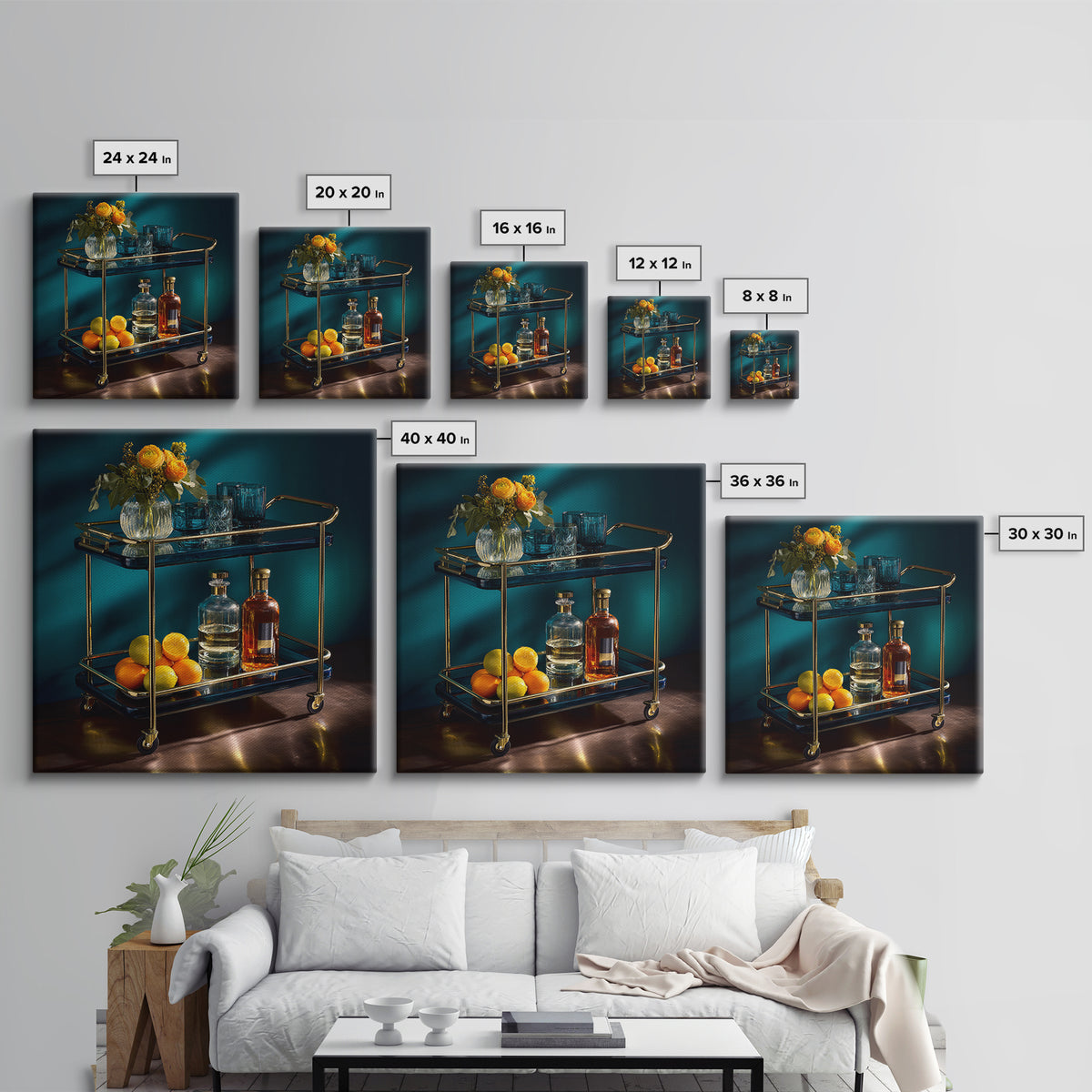 Luxury Emerald Bar Cart Arrangement Framed Canvas Print, Bar Art, Cocktail Wall Art, Bar Decor, Fine Art, Textured Painting, BAR-1x1-70