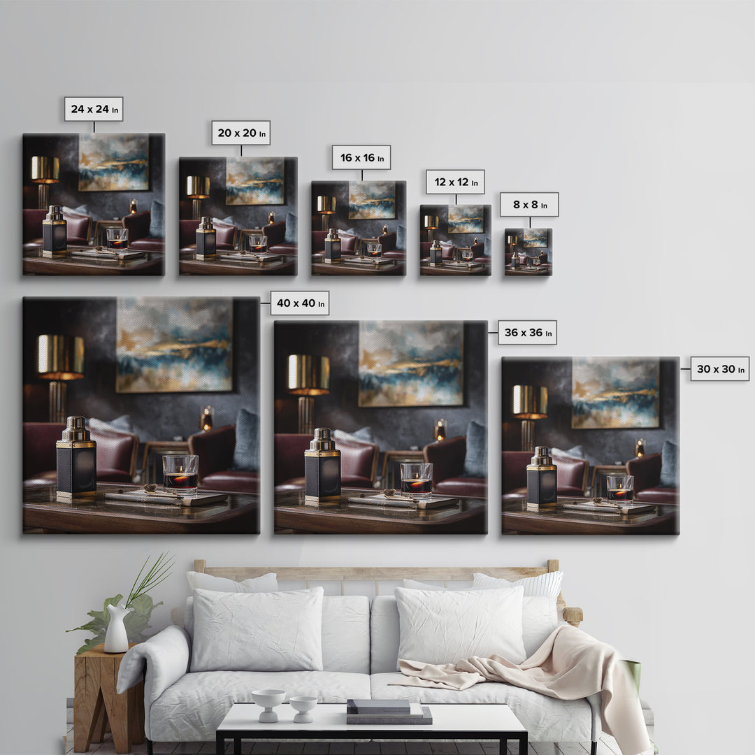 Speakeasy Key and Cocktail Shaker Composition Framed Canvas Print, Bar Art, Minimalist Decor, Bar Decor, Fine Art, BAR-1x1-88