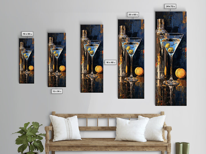Martini Glass with Olive on a Black Framed Canvas Print, Bar Art, Apartment Decor, Bar Decor, Abstract Art, Living Room Art, BAR-1x3-15