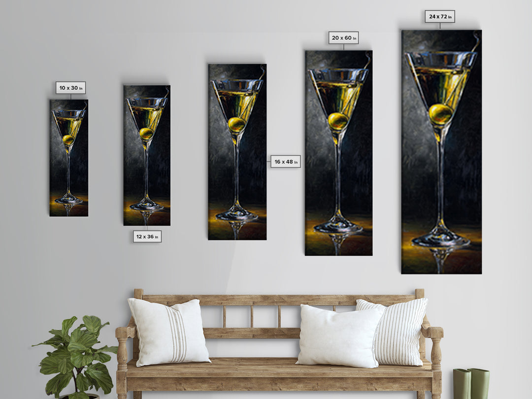 Martini Glass with Olive on a Black Canvas Print, Bar Art, Kitchen Wall Decor, Bar Decor, Fine Art, Bar Cart Art, BAR-1x3-39
