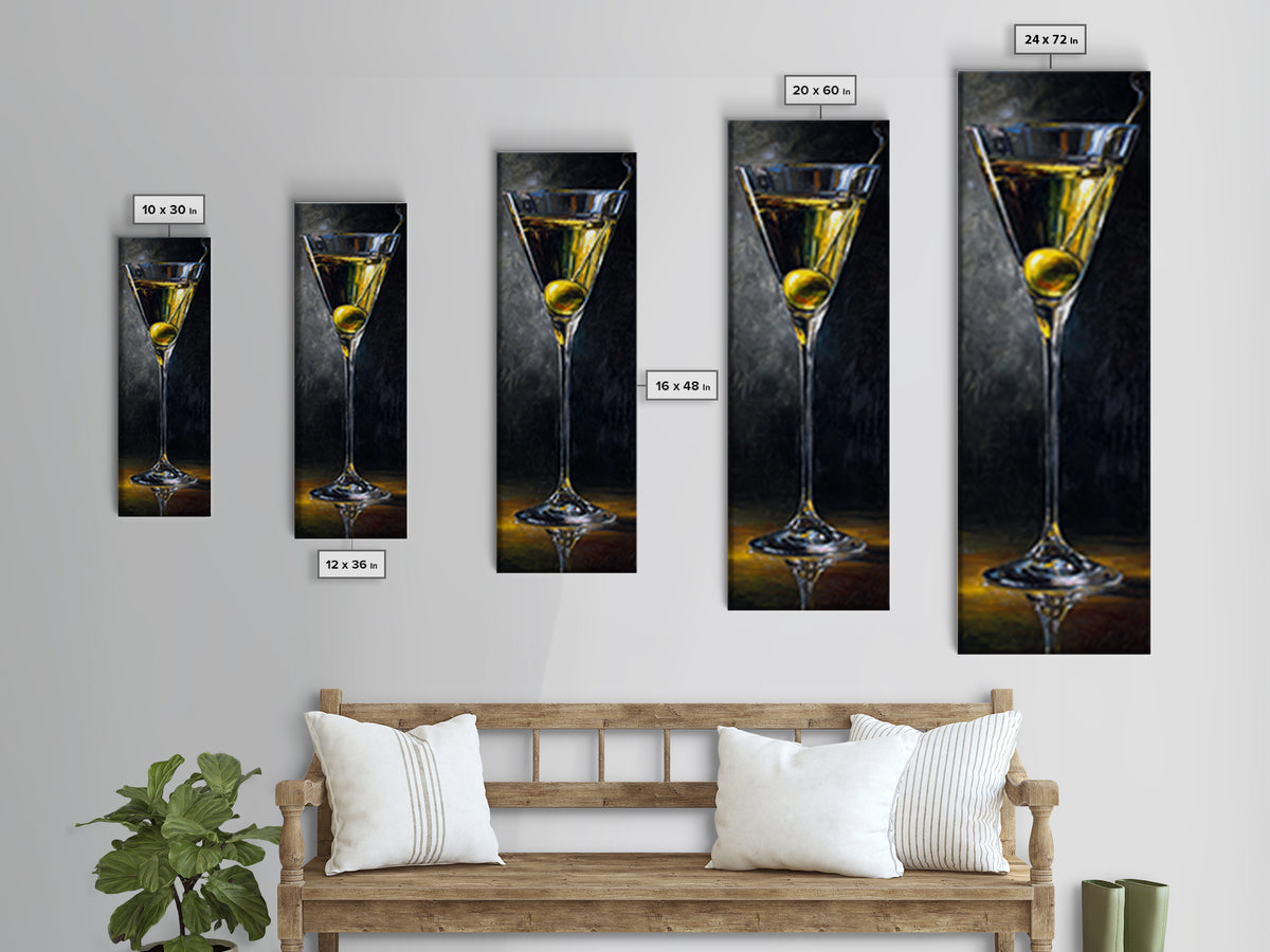 Martini Glass with Olive on a Black Canvas Print, Bar Art, Kitchen Wall Decor, Bar Decor, Fine Art, Bar Cart Art, BAR-1x3-39