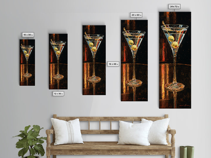 Martini Glass with Olive on a Black Canvas Print, Bar Art, Bar Cart Decor, Bar Decor, Oil Painting, Minimalist Decor, BAR-1x3-63