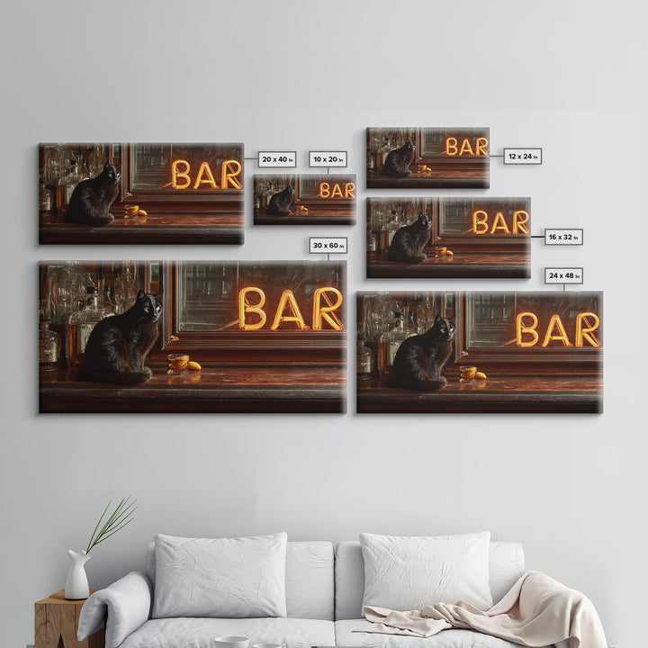 Black Cat Beside a Glowing Bar Neon Framed Canvas Print, Bar Art, Contemporary Art, Bar Decor, Fine Art, Apartment Decor, BAR-2x1-34