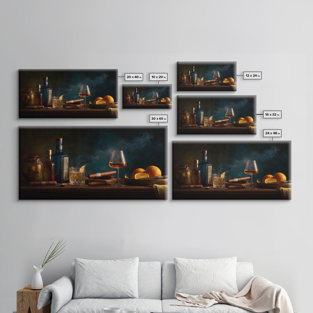 Dark Moody Cigar and Whiskey Still Life Framed Canvas Print, Bar Art, Bar Cart, Bar Decor, Watercolor Art, Kitchen Print, BAR-2x1-5