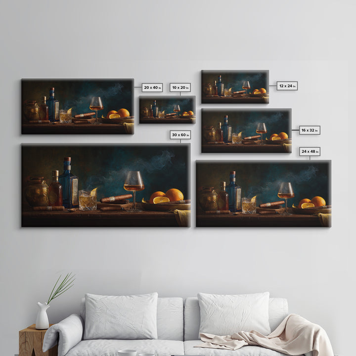 Dark Moody Cigar and Whiskey Still Life Framed Canvas Print, Bar Art, Bar Cart, Bar Decor, Watercolor Art, Kitchen Print, BAR-2x1-5