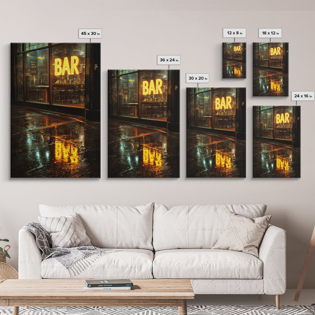 Neon Cocktail Sign Reflected Framed Canvas Print, Bar Art, Digital Print, Bar Decor, Fine Art, Coffee Wall Art, BAR-2x3-13