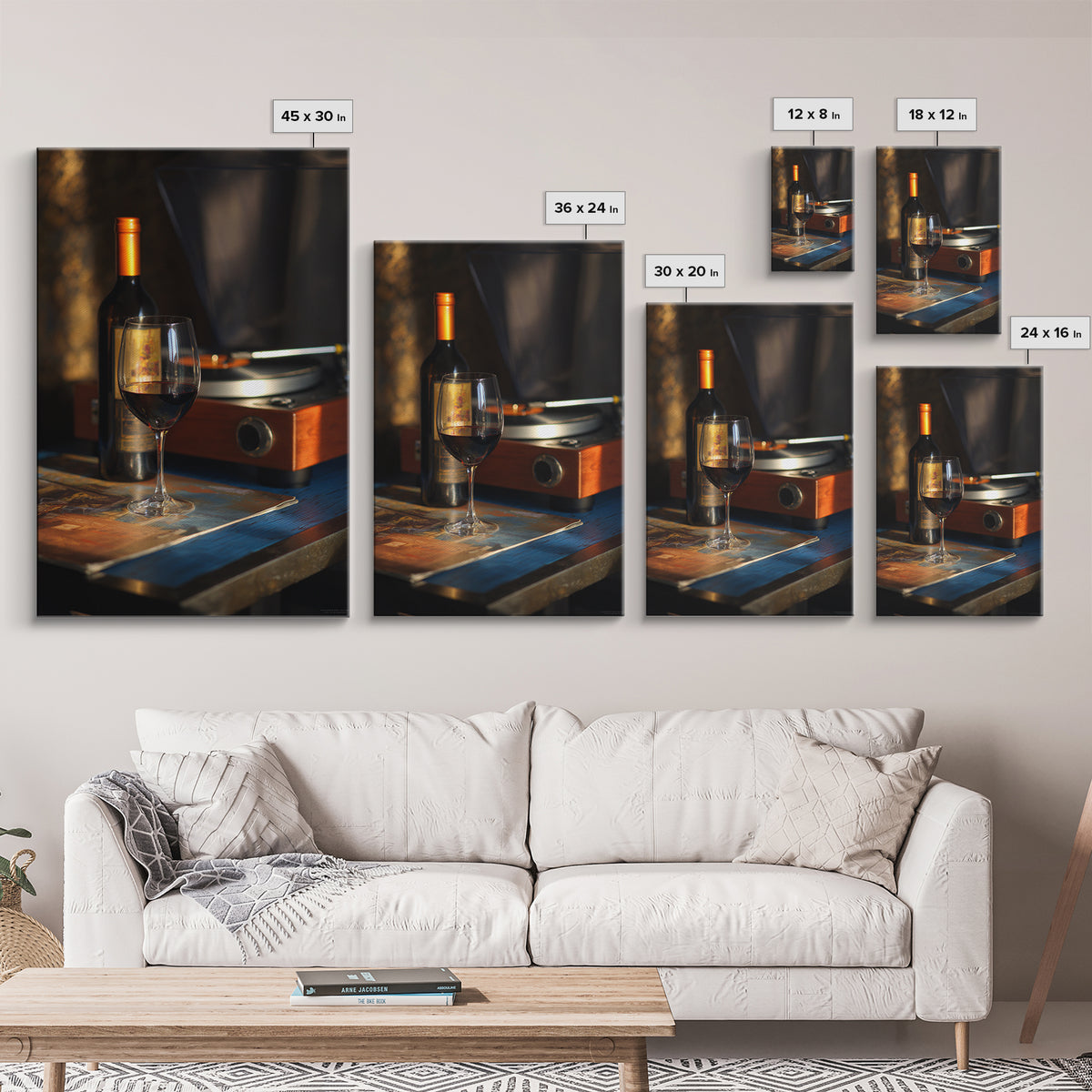 Wine and Record Player Lounge Still Life Framed Canvas Print, Bar Art, Canvas Wall Art, Bar Decor, Oil Painting, BAR-2x3-21