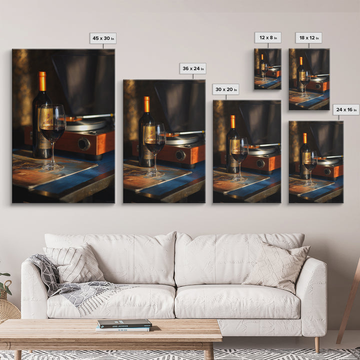 Wine and Record Player Lounge Still Life Framed Canvas Print, Bar Art, Canvas Wall Art, Bar Decor, Oil Painting, BAR-2x3-21
