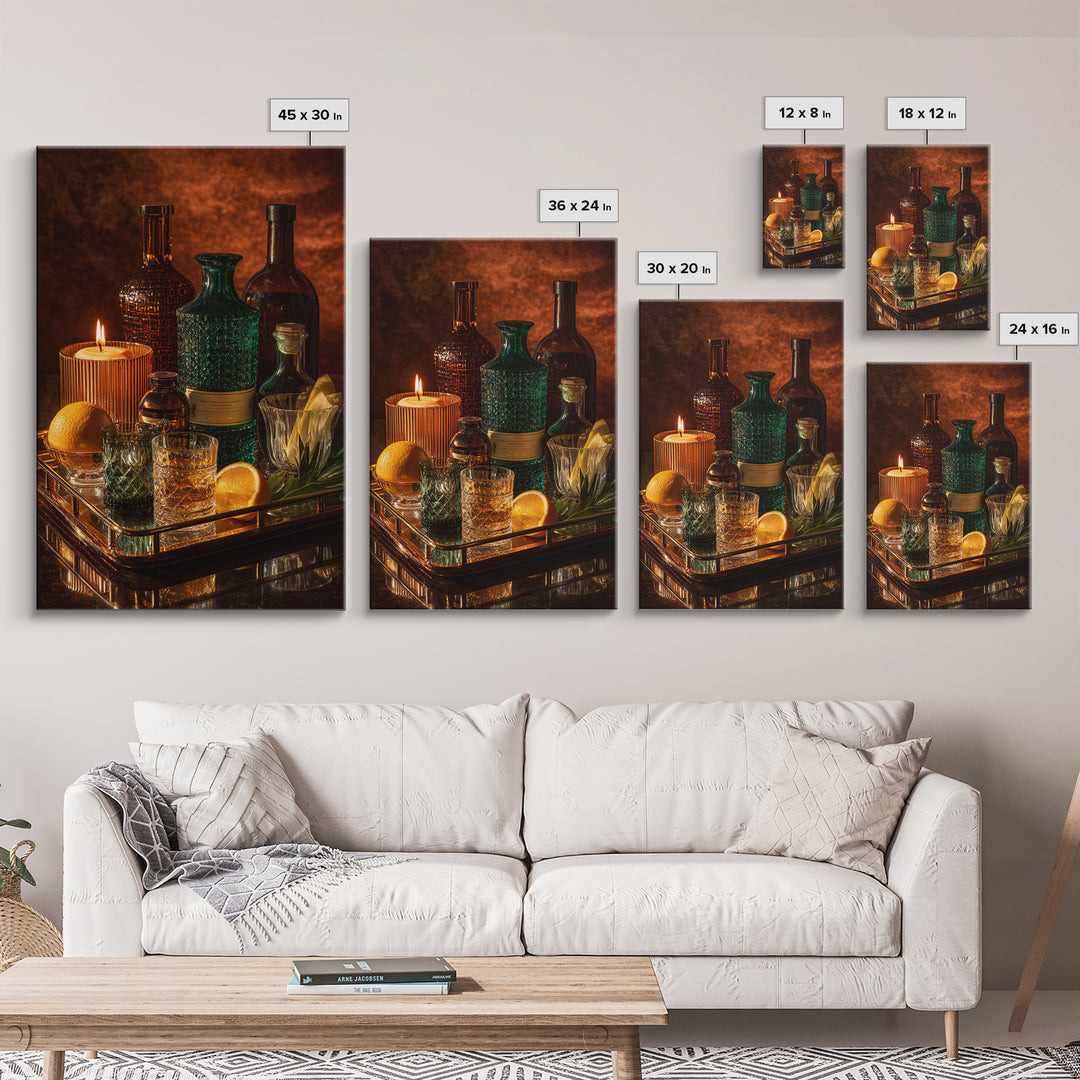 Luxury Emerald Bar Cart Arrangement Framed Canvas Print, Bar Art, Kitchen Wall Art, Bar Decor, Fine Art, Coffee Wall Art, BAR-2x3-78