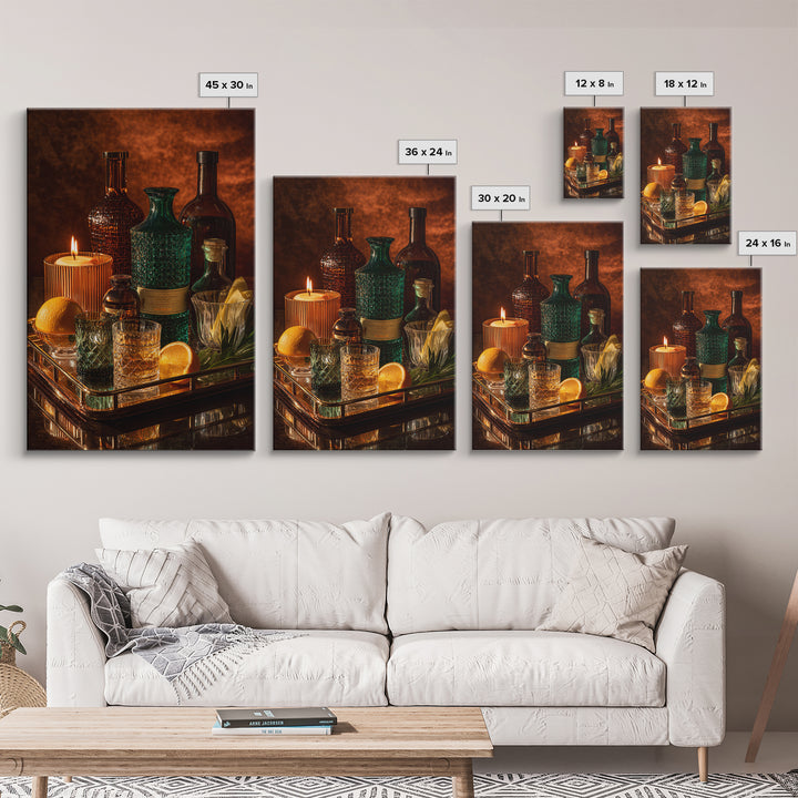Luxury Emerald Bar Cart Arrangement Framed Canvas Print, Bar Art, Kitchen Wall Art, Bar Decor, Fine Art, Coffee Wall Art, BAR-2x3-78