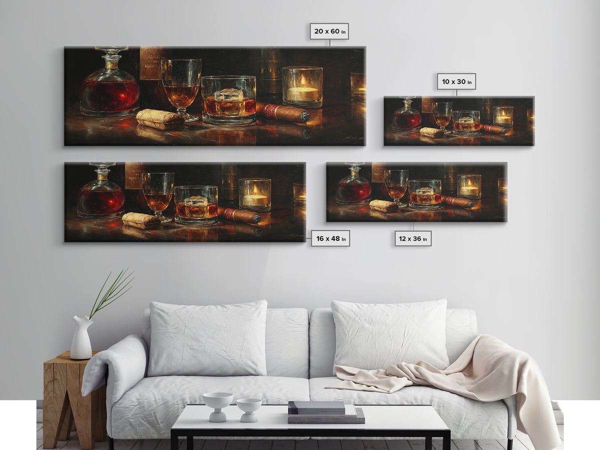 Dark Moody Cigar and Whiskey Still Life Framed Canvas Print, Bar Art, Bar Signs, Bar Decor, Fine Art, Modern Decor, BAR-3x1-1