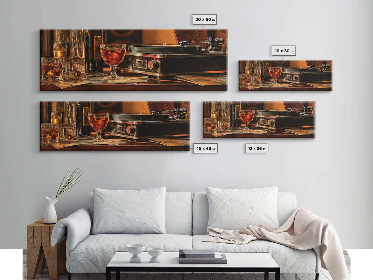 Wine and Record Player Lounge Still Life Framed Canvas Print, Bar Art, Cocktail Wall Art, Bar Decor, Fine Art, BAR-3x1-53