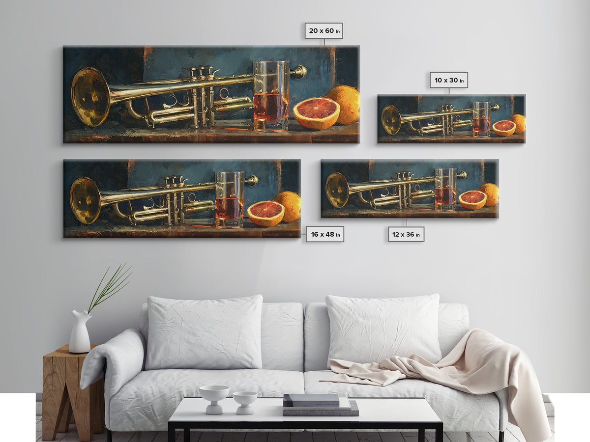 Moody Jazz Trumpet Beside a Half Full Framed Canvas Print, Bar Art, Kitchen Wall Decor, Bar Decor, Fine Art, BAR-3x1-58
