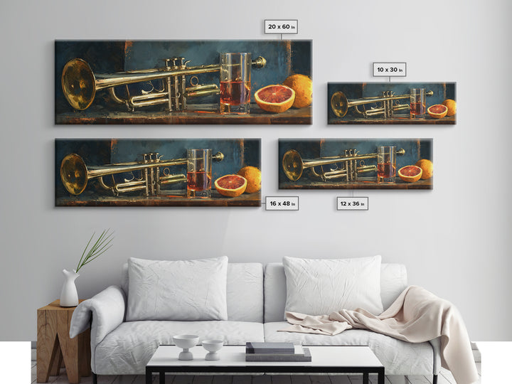 Moody Jazz Trumpet Beside a Half Full Framed Canvas Print, Bar Art, Kitchen Wall Decor, Bar Decor, Fine Art, BAR-3x1-58