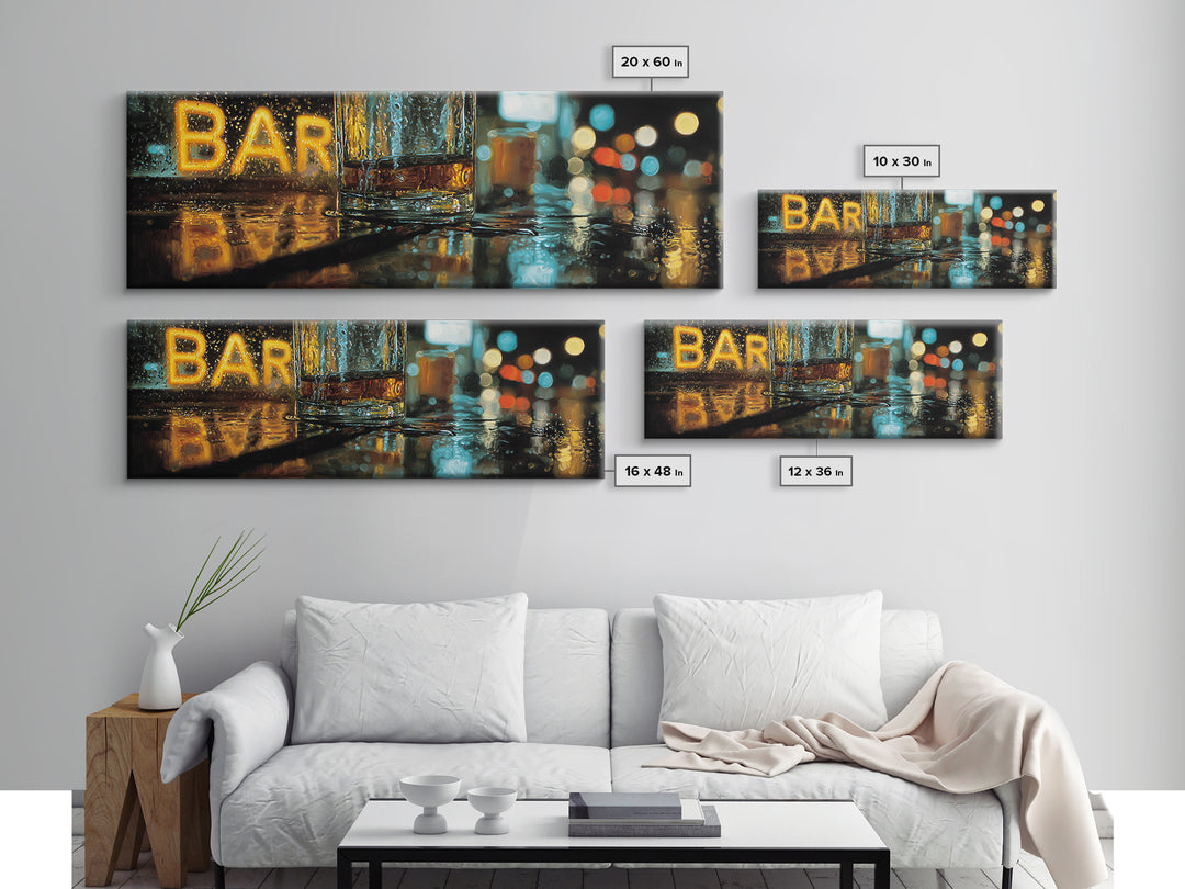 Neon Cocktail Sign Reflected Framed Canvas Print, Bar Art, Gallery Decor, Bar Decor, Fine Art, Wall Art, Home Decor, BAR-3x1-69