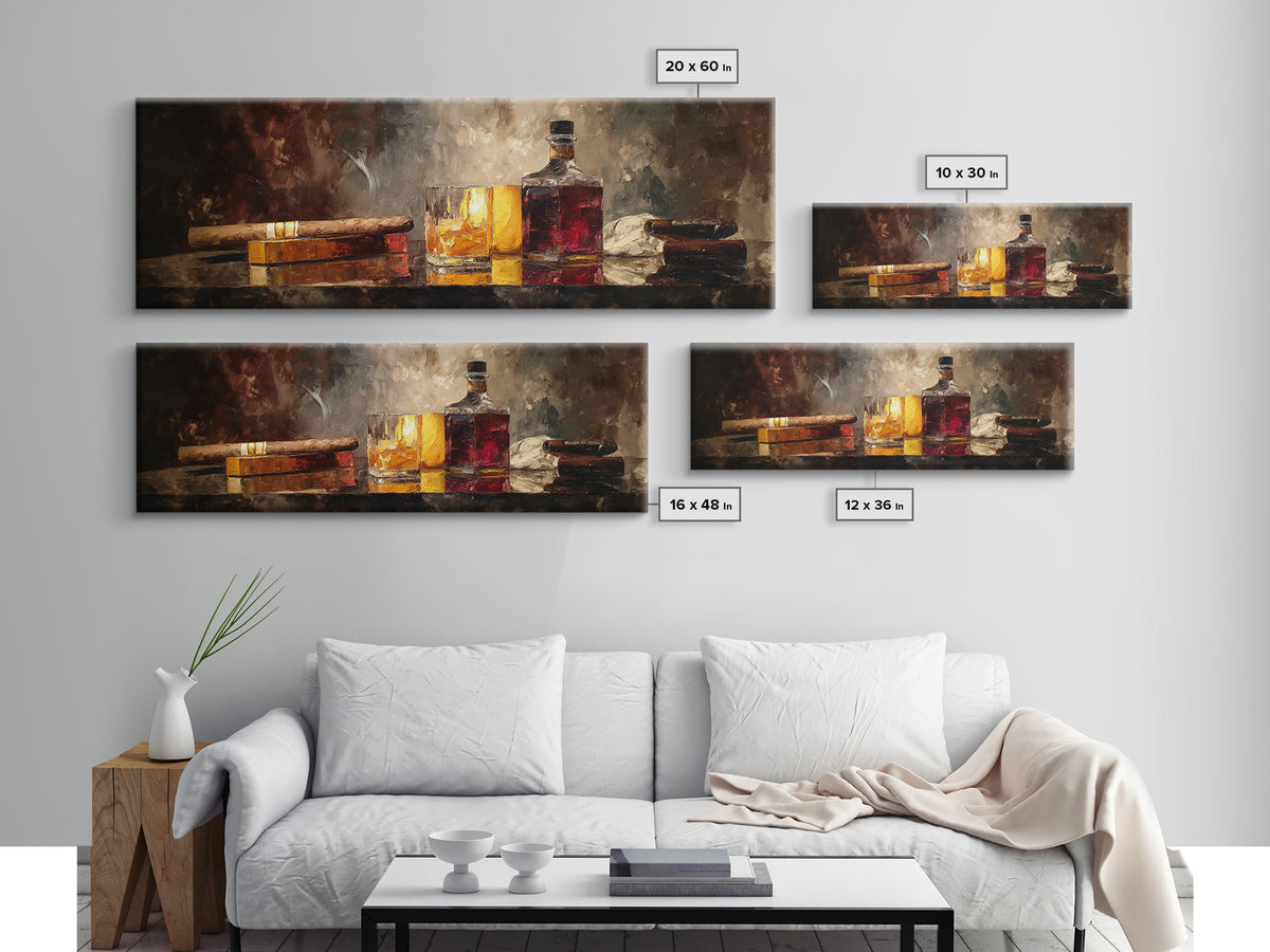 Dark Moody Cigar and Whiskey Still Life Framed Canvas Print, Bar Art, Neutral Decor, Bar Decor, Fine Art, Home Decor, BAR-3x1-73