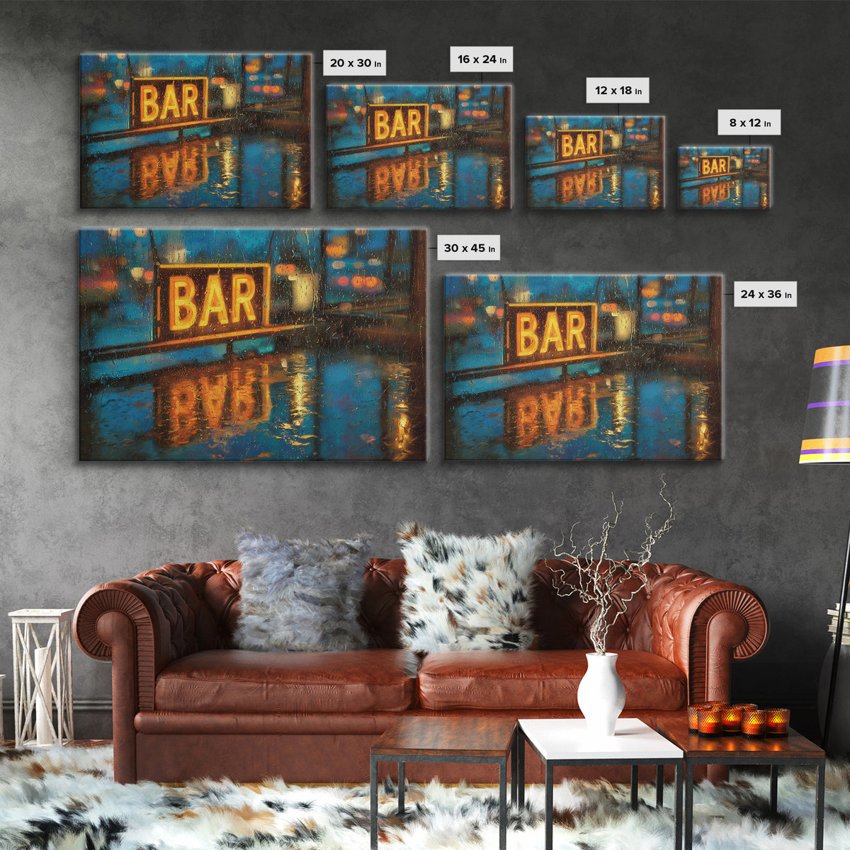 Neon Cocktail Sign Reflected Framed Canvas Print, Bar Art, Fine Art Print, Bar Decor, Fine Art, Metal Wall Art, BAR-3x2-81