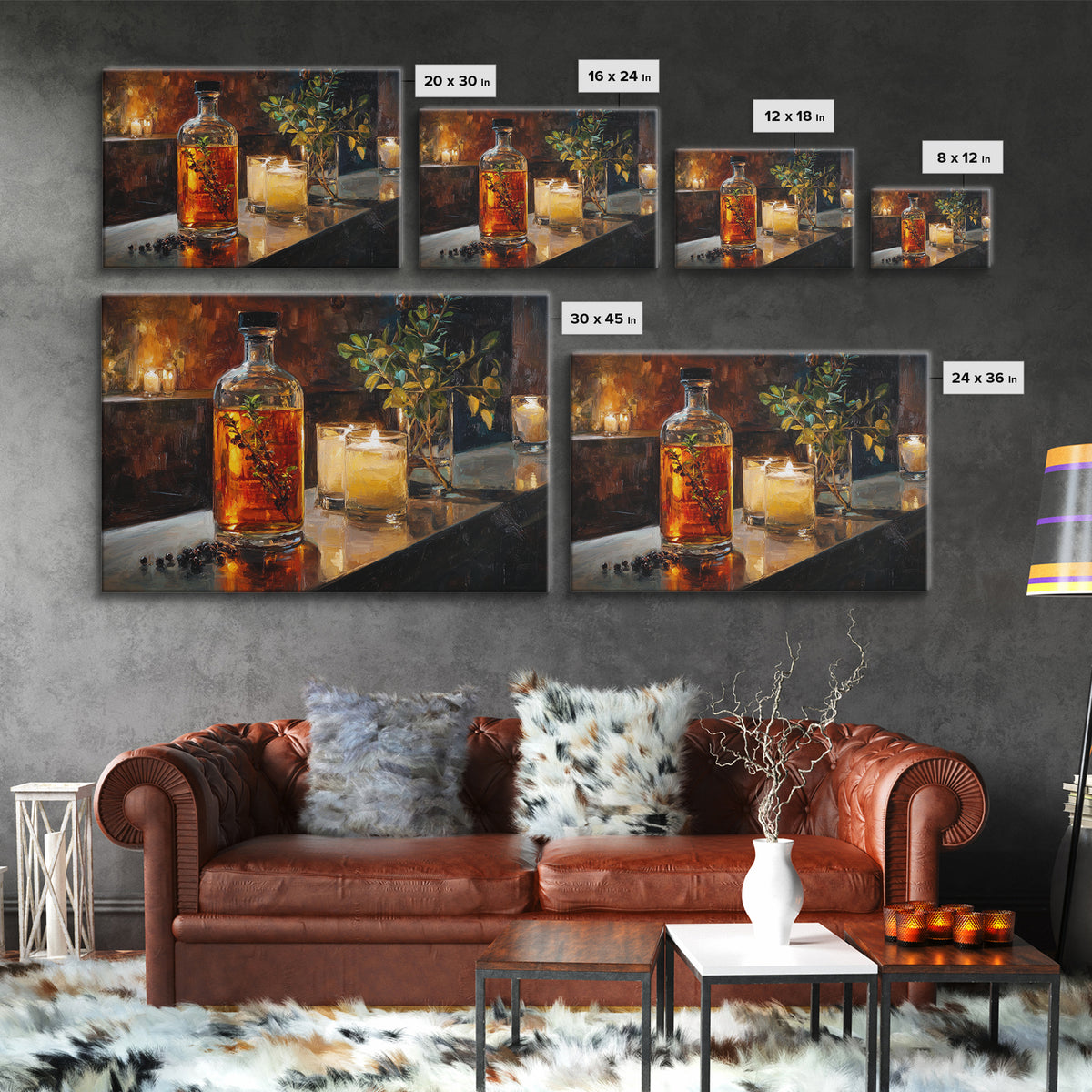Gin Bottle with Botanicals and Juniper Branches Canvas Print, Bar Art, Bar, Bar Decor, Oil Painting, Living Room Art, BAR-3x2-83