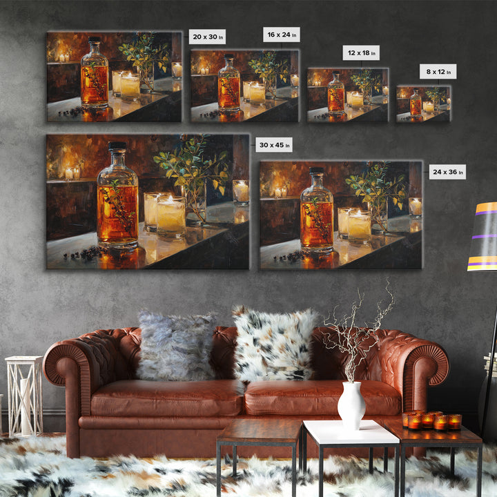 Gin Bottle with Botanicals and Juniper Branches Canvas Print, Bar Art, Bar, Bar Decor, Oil Painting, Living Room Art, BAR-3x2-83