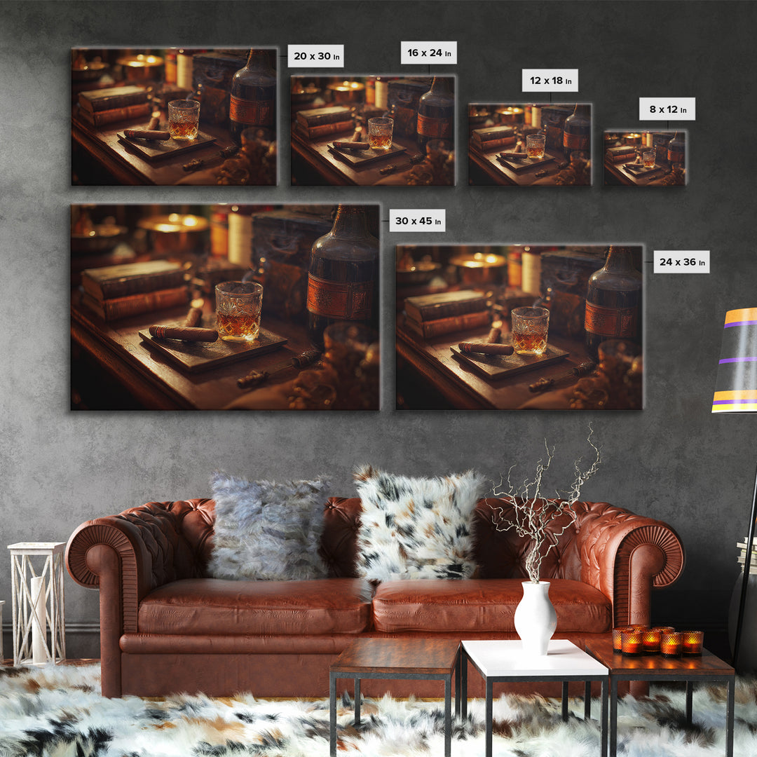 Dark Moody Cigar and Whiskey Still Life Framed Canvas Print, Bar Art, Statement Artwork, Bar Decor, Fine Art, BAR-3x2-85