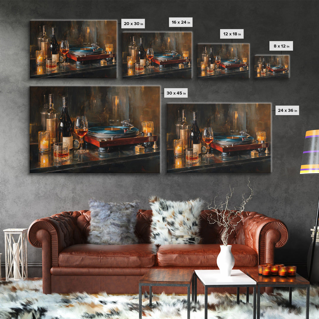 Wine and Record Player Lounge Still Life Canvas Print, Bar Art, Boho Decor, Bar Decor, Oil Painting, Art Print, BAR-3x2-89