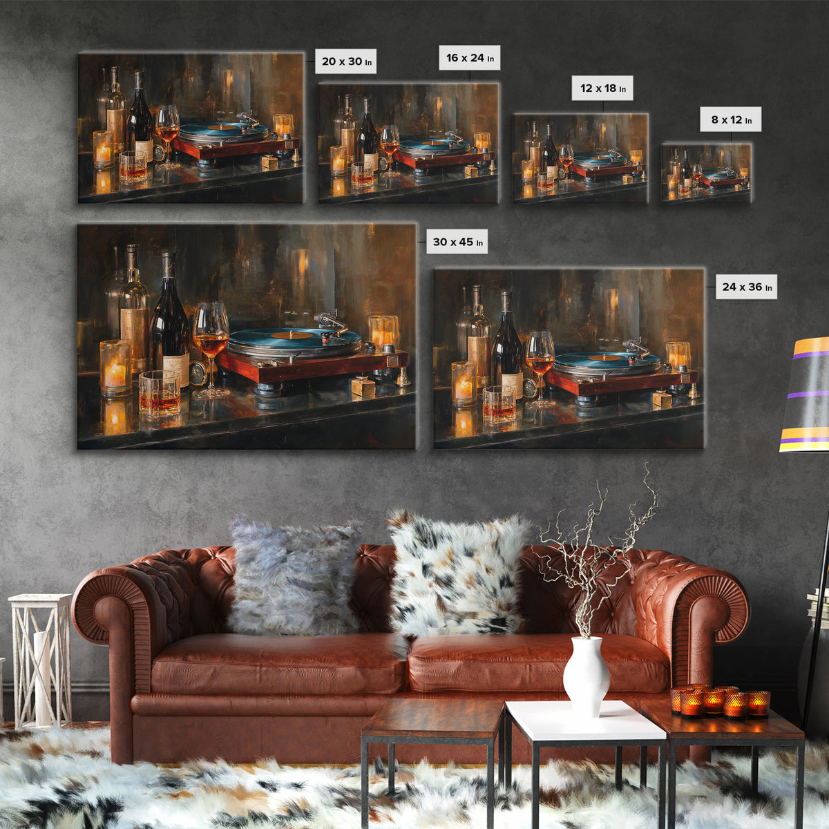Wine and Record Player Lounge Still Life Canvas Print, Bar Art, Boho Decor, Bar Decor, Oil Painting, Art Print, BAR-3x2-89