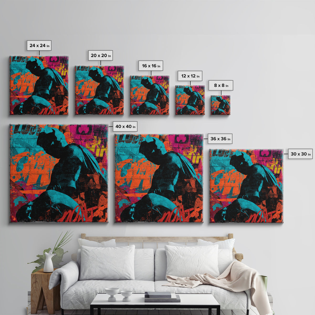 Comic Book Hero Silhouette Canvas Print, Basement Art, Digital Art Download, Living Room Decor, Retreat, Steampunk Wall Art, BAS-1x1-35