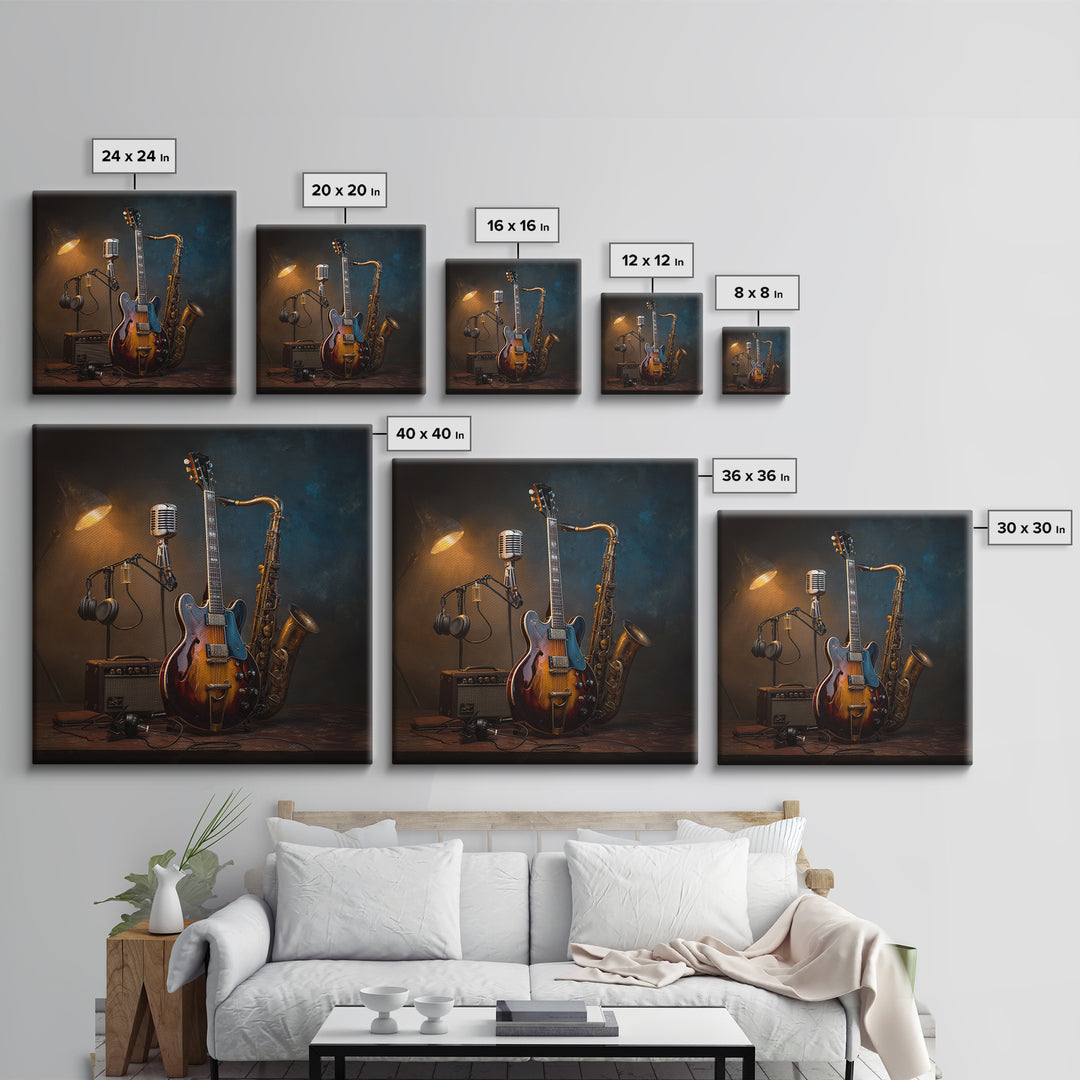 Classic Rock Guitar Still Life Framed Canvas Print, Basement Art, Fine Art Print, Living Room Decor, Fine Art, Retreat, BAS-1x1-53