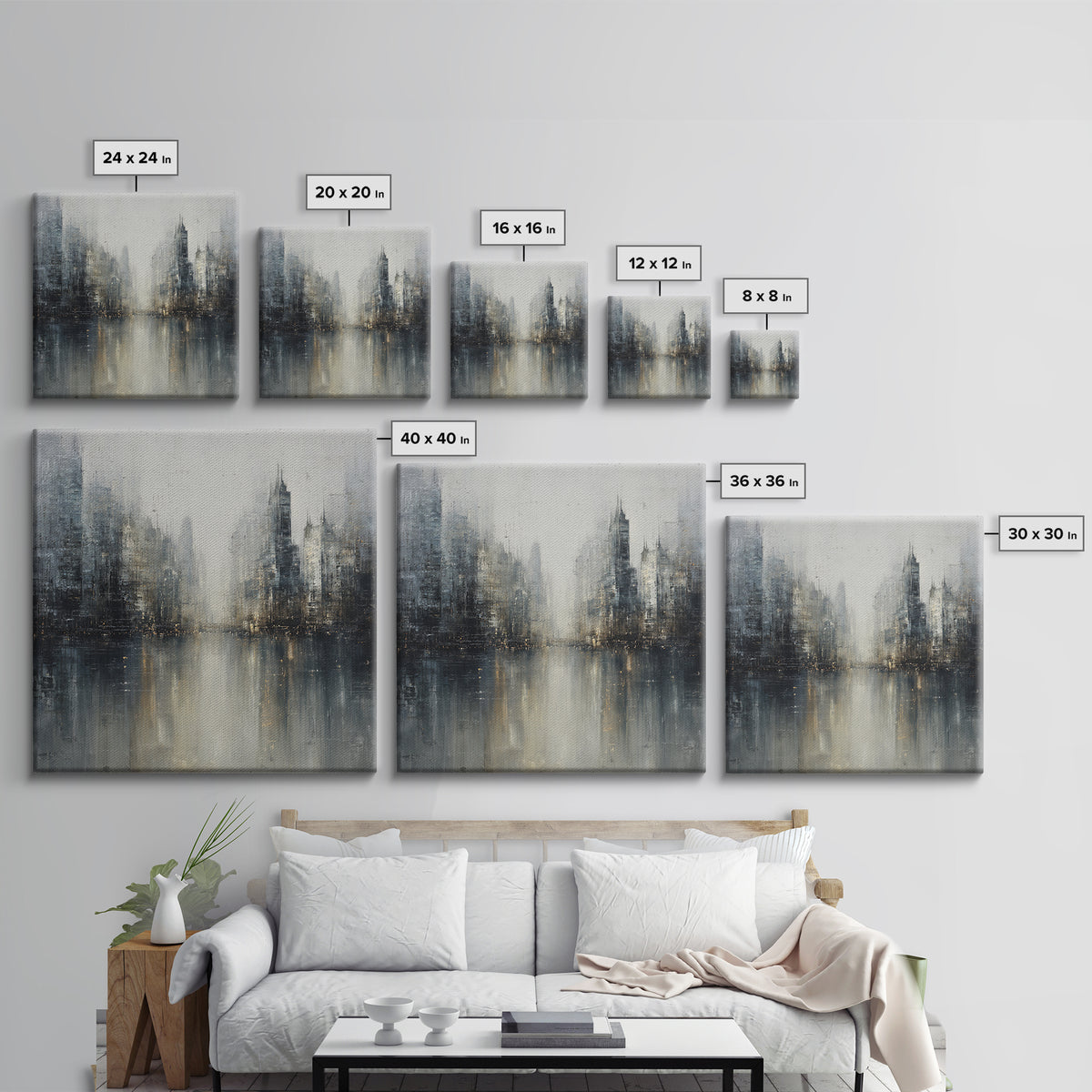 Dark Abstract City Skyline Framed Canvas Print, Basement Art, Western Decor, Living Room Decor, Retreat, Rustic Wall Art, BAS-1x1-7