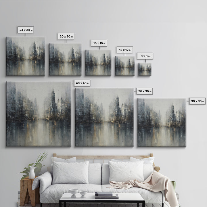 Dark Abstract City Skyline Framed Canvas Print, Basement Art, Western Decor, Living Room Decor, Retreat, Rustic Wall Art, BAS-1x1-7