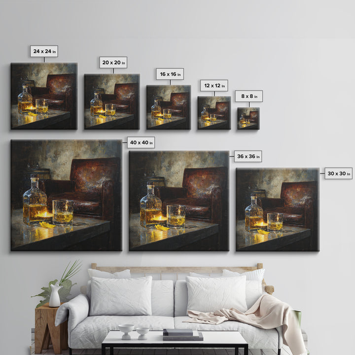 Whiskey Barrel and Leather Chair Mood Painting Canvas Print, Basement Art, Neutral Decor, Living Room Decor, Oil Painting, BAS-1x1-82